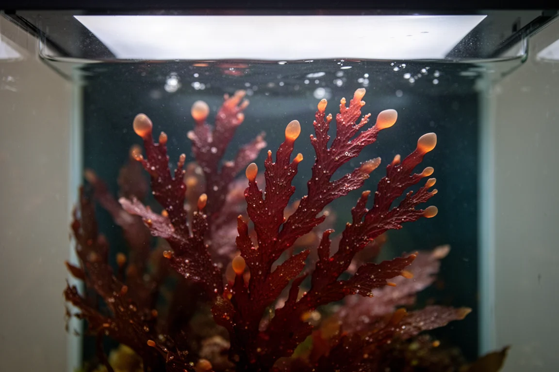 Close-up of red macroalgae lit by a wide LED panel