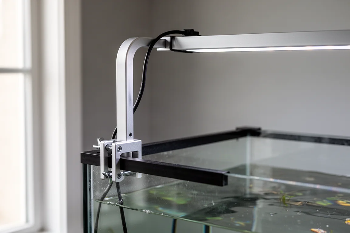 Aluminium tank mount arm clamping the rim of an aquarium