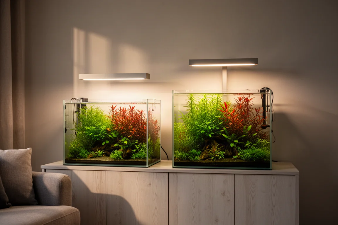 Two freshwater aquariums of different sizes lit by slim LED fixtures