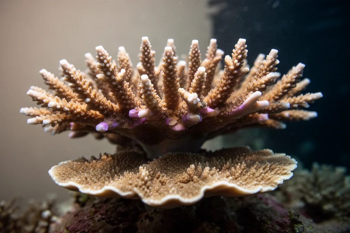 분기형 Acropora 아래에서 색을 드러내는 산호 아랫면 클로즈업