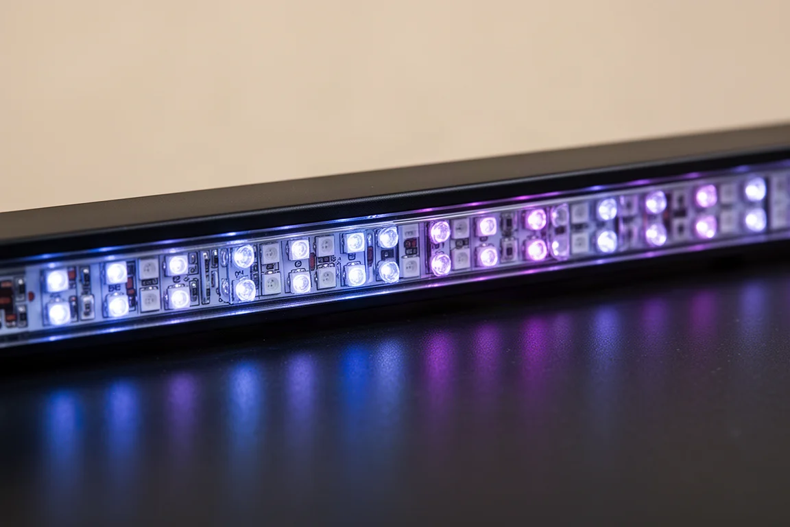 Zbliżenie na matrycę diod LED akwarium świecącą fioletowym i niebieskim światłem