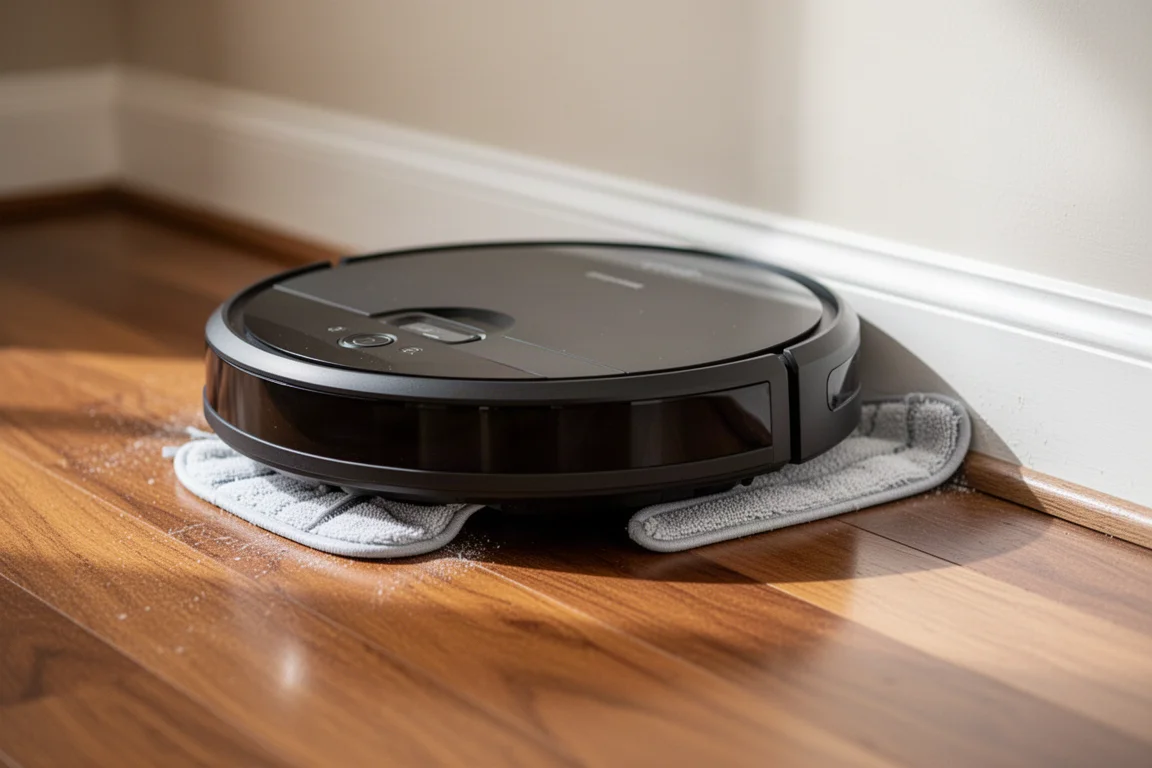 Aspirapolvere robot che pulisce un pavimento in legno vicino al bordo con un panno per la pulizia esteso