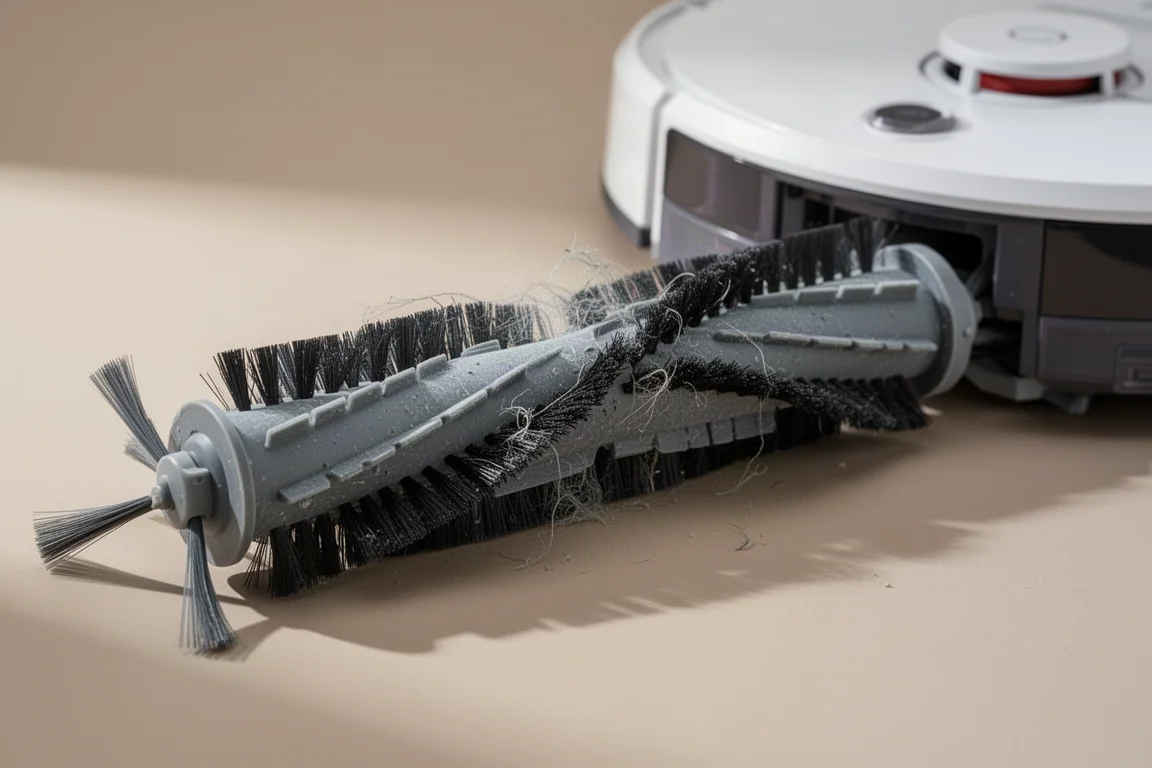 Primo piano del rullo spazzola di un aspirapolvere robot senza grovigli di capelli