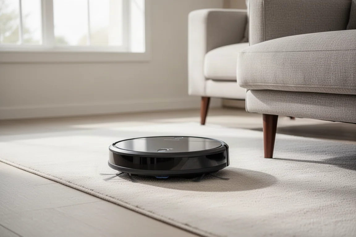 Aspirapolvere robot che naviga in un soggiorno con mobili ed evita gli ostacoli