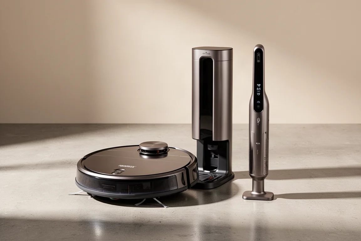 ECOVACS DEEBOT T30S Combo 掃地機器人與手持吸塵器置於充電座前