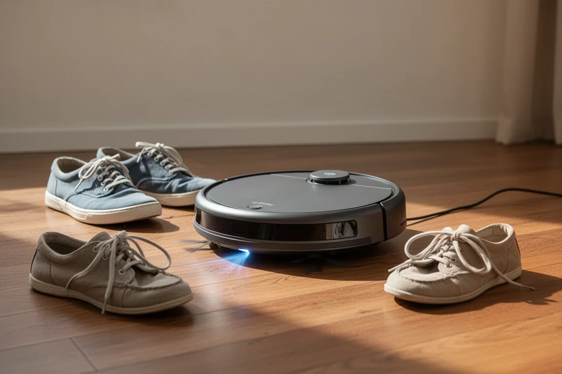 Saugroboter navigiert um ein Paar Schuhe und ein Kabel auf einem Holzboden