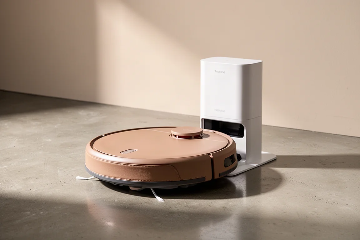 ECOVACS DEEBOT T80S Omni 掃地機器人及其充電座置於水泥地板上