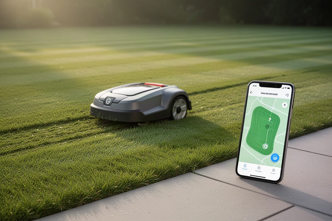 Robotgräsklippare som navigerar en randig gräsmatta med mobilappen öppen och visar dess arbete i realtid