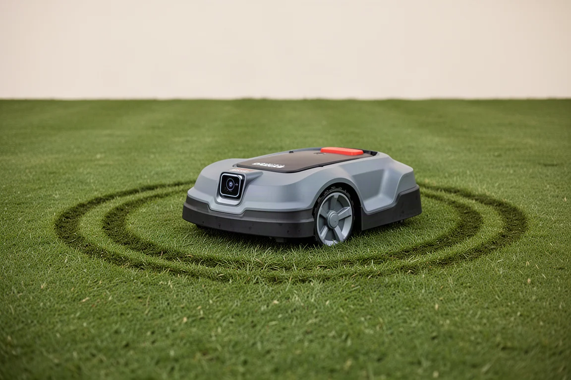 Robotgräsklippare som styr runt ett hinder på gräsmattan utan att stanna
