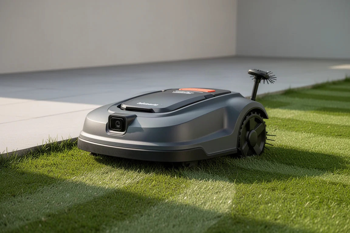 Robô cortador de grama Ecovacs Goat A3000 Lidar Pro em um gramado com listras bem acabadas