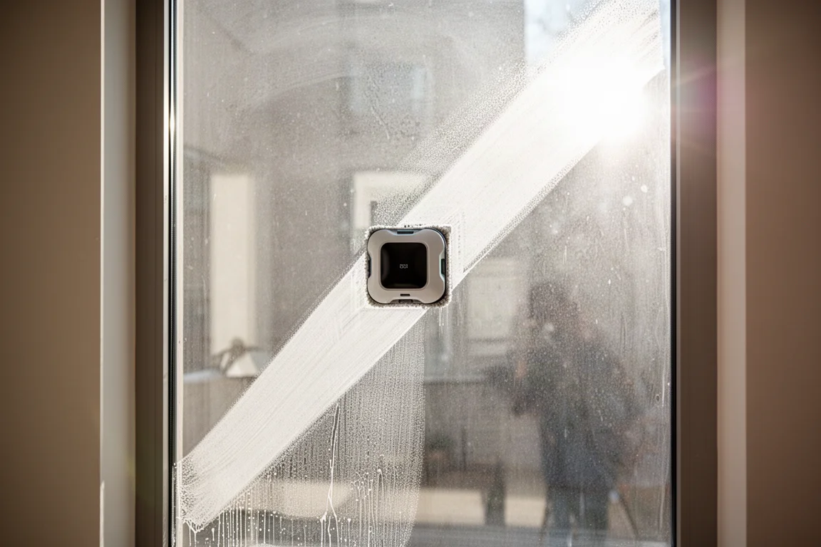 Robot cerca de la parte superior de una ventana alta accesible con la línea de seguridad sujeta