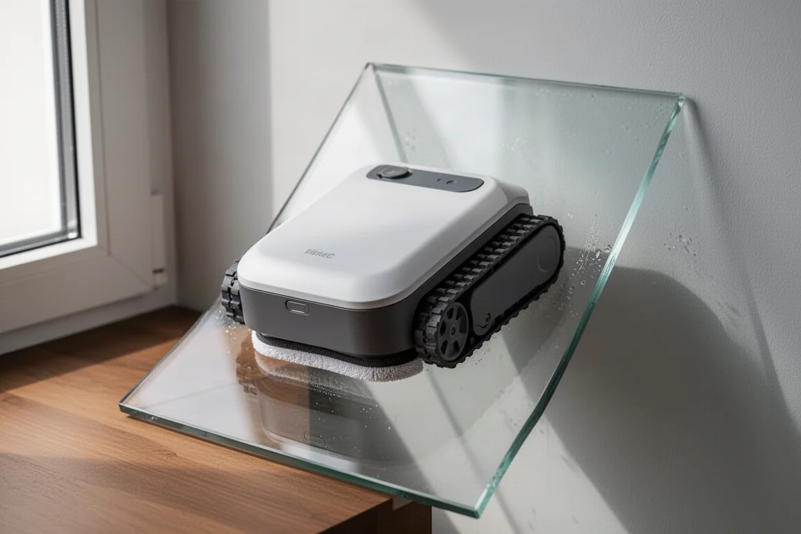 Robô quadrado compacto de limpeza de vidros sobre um vidro em um ambiente minimalista