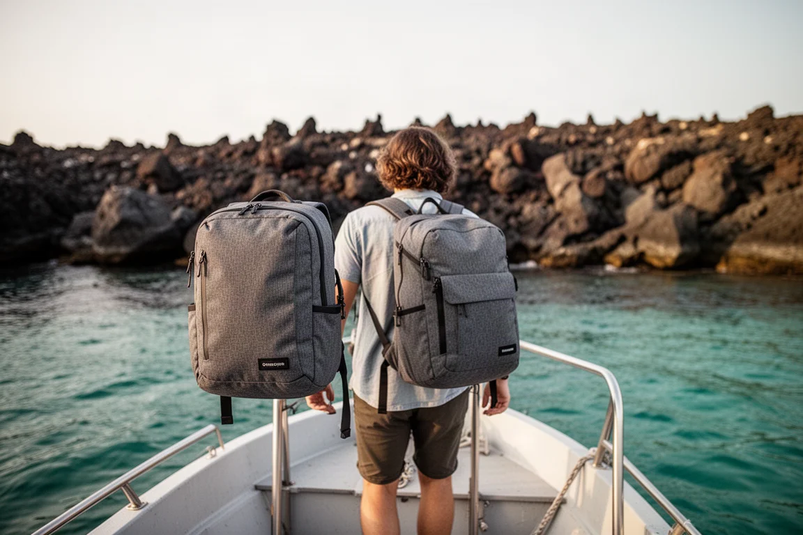 Traveler boarding a small boat with a compact 30 liter backpack in warm coastal light
