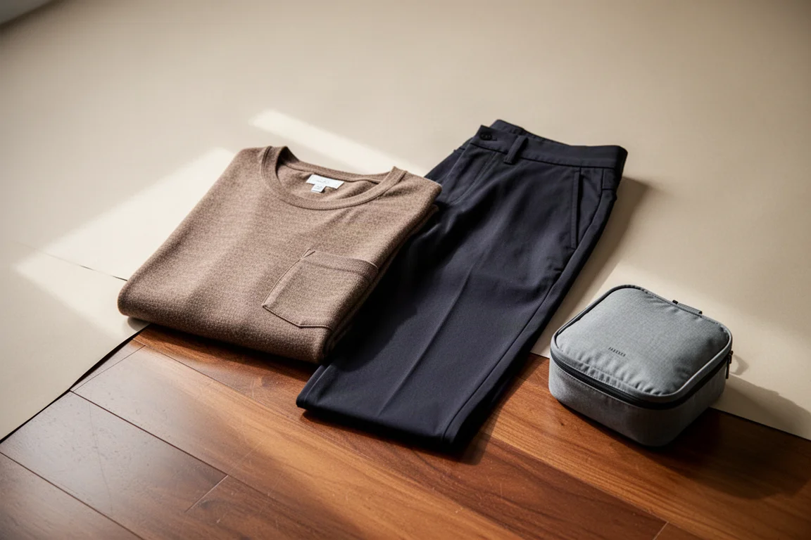 Merino wool shirt and travel pants laid flat on a wooden floor