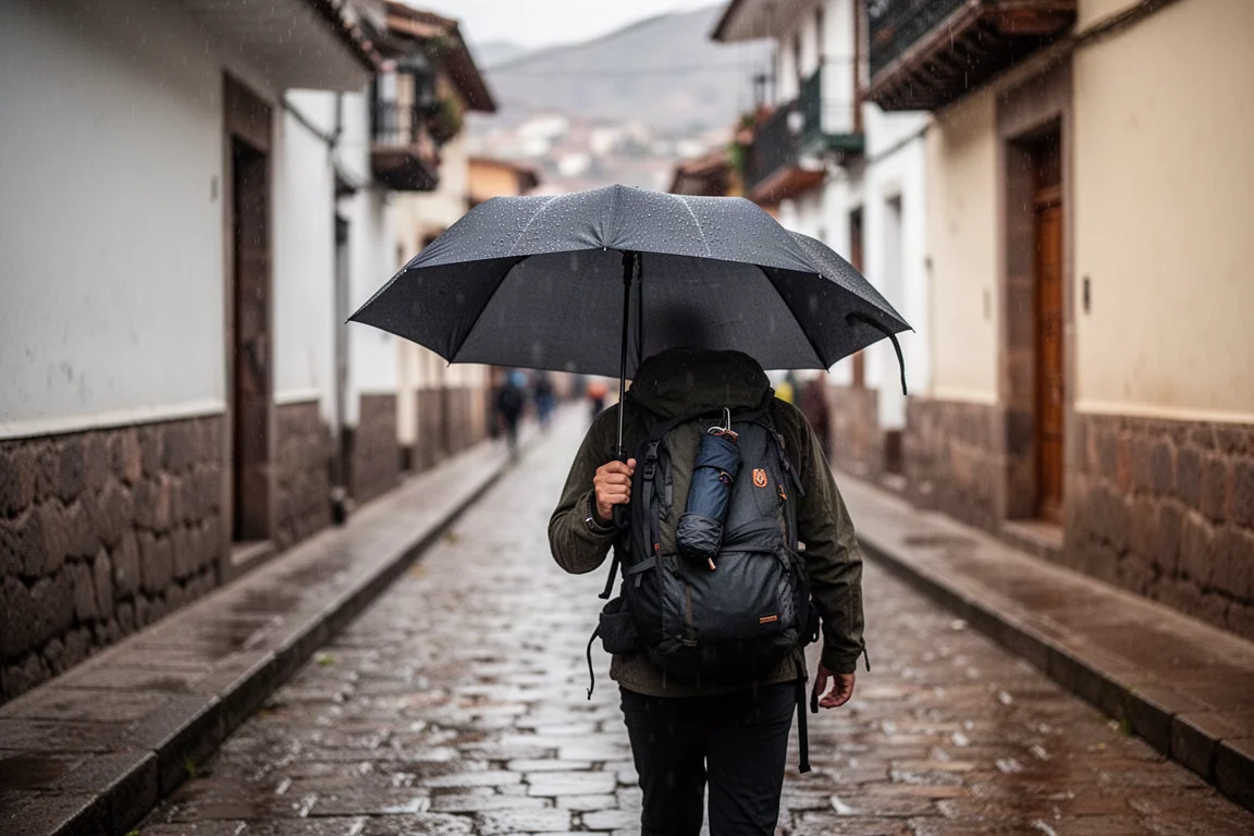 Small rain-soaked city street scene with a compact umbrella open overhead