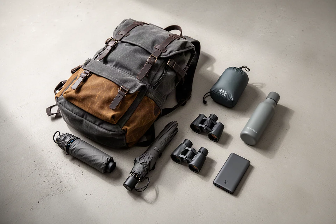 Flat-lay di attrezzatura da viaggio con zaino da 30 litri, day pack comprimibile, ombrello, binocolo, borraccia filtrante e power bank