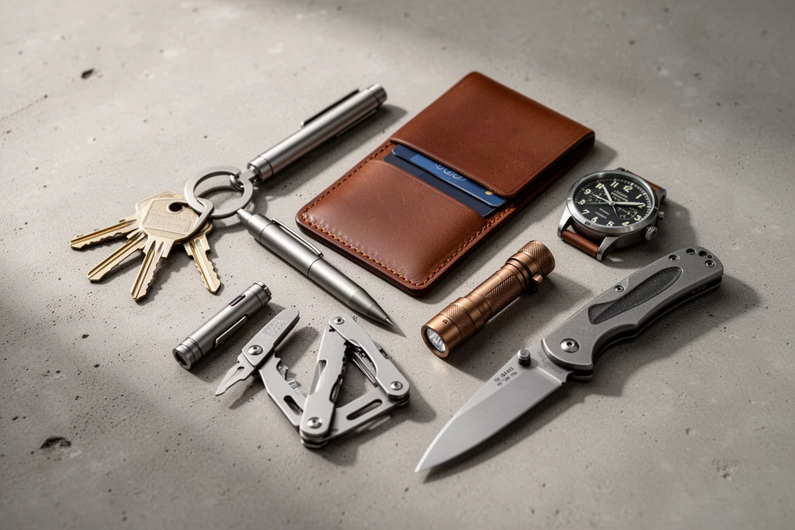 Everyday carry flat-lay with key clip, pen, wallet, multi-tool, flashlight, watch, and knife