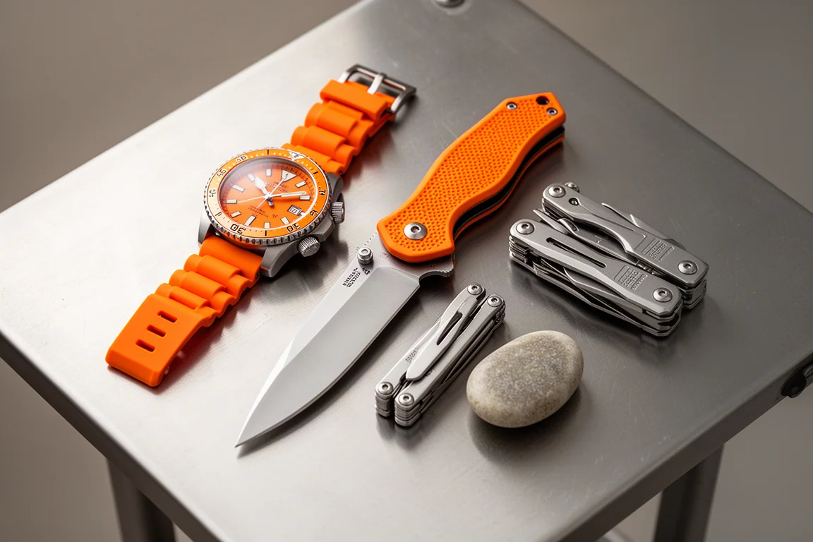 Objets EDC orange haute visibilité et argent disposés sur un bureau