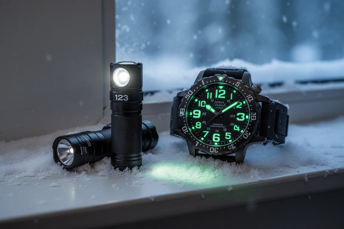 Lampe compacte et montre de plongée au tritium sur un rebord de fenêtre en lumière hivernale