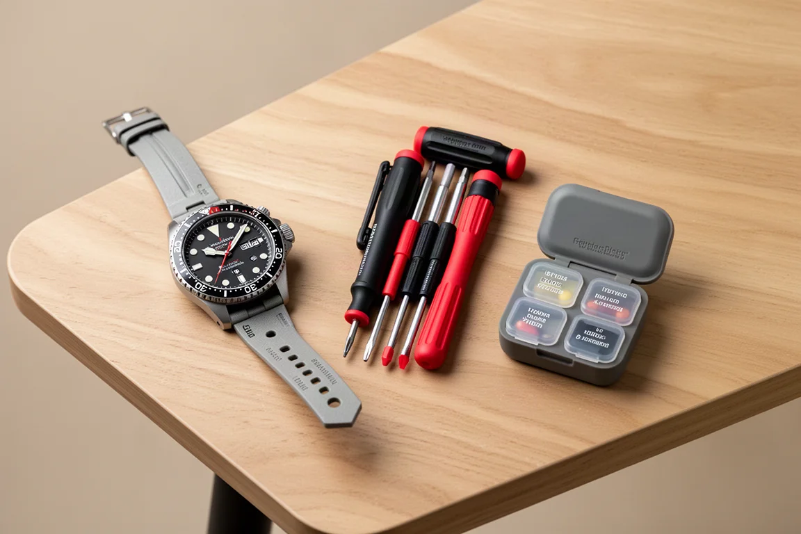 Outils de conception allemande et organiseur de pilules disposés sur le bureau d'un designer