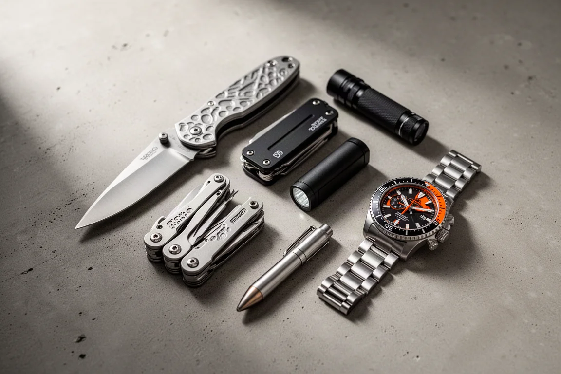 Everyday-Carry-Ausrüstung mit Messer, Multitool, Taschenlampe, Stift und Taucheruhr auf Beton
