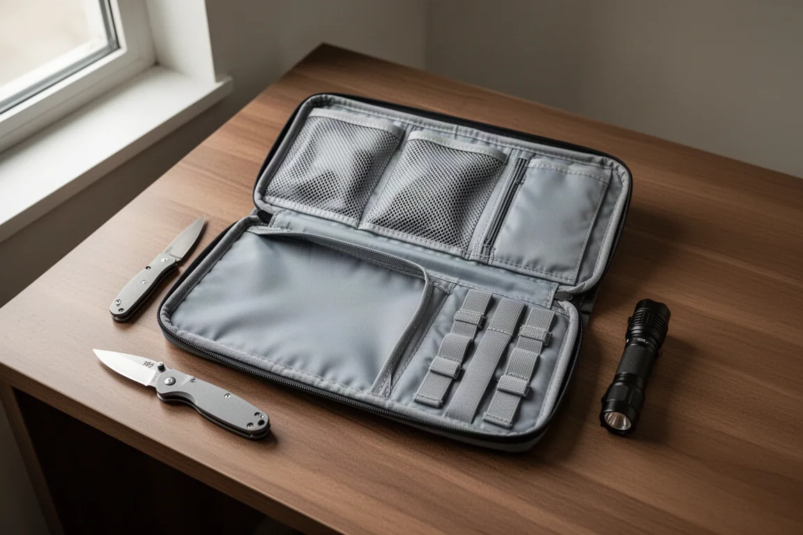 Custodia organizer EDC aperta su una scrivania con tasche in rete e bande elastiche visibili
