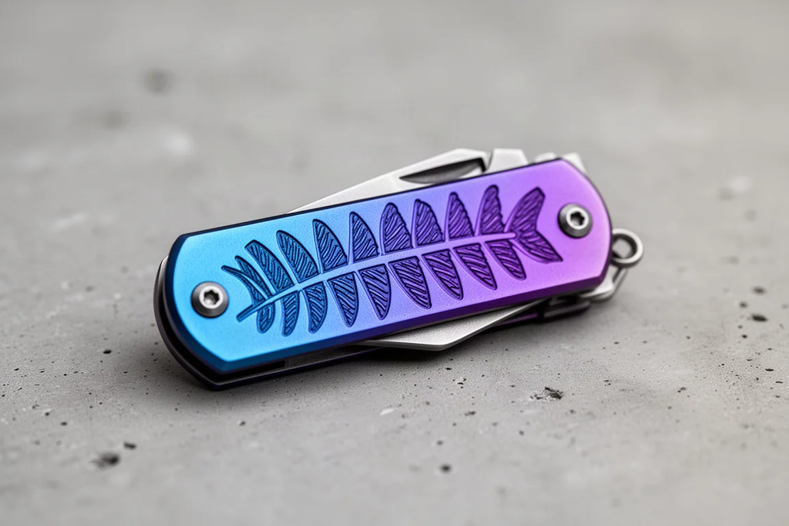 Piccolo multi-tool in titanio con finitura anodizzata sfumata blu-viola su una superficie neutra