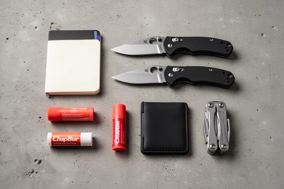 Disposizione in orizzontale di oggetti da everyday carry tra cui quaderni, coltelli e burrocacao su una scrivania