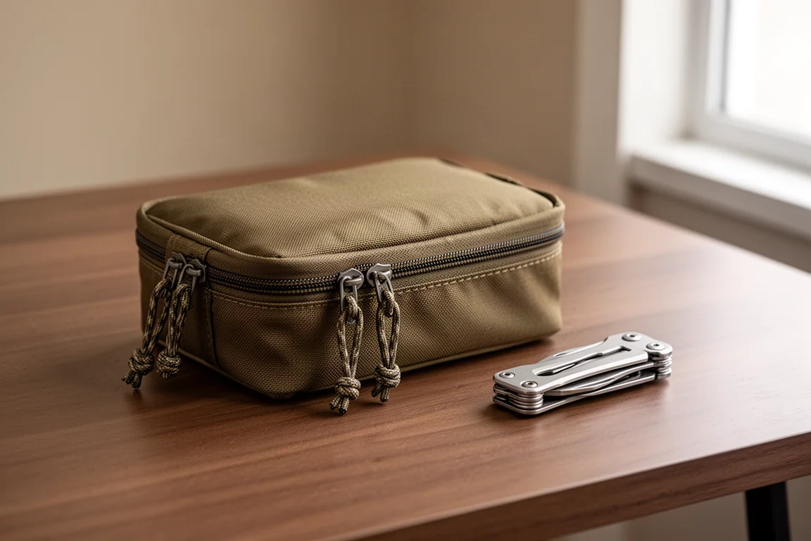 Custodia organizer chiusa e con zip accanto a un piccolo strumento in titanio su una scrivania in legno