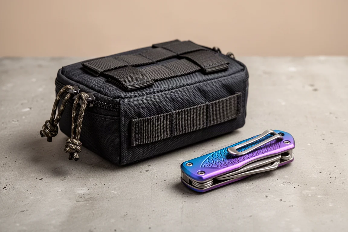 EDC-Organizertasche und Titanium-Multitool auf einer Betonoberfläche