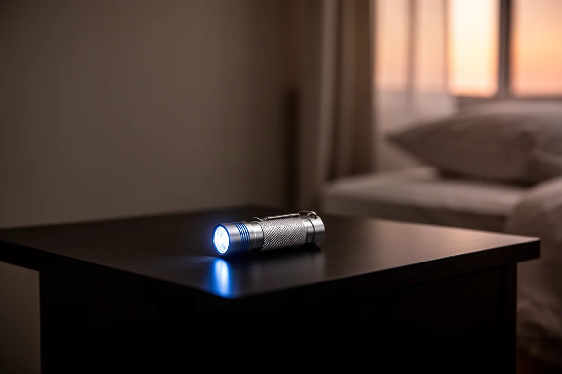 Petite lampe EDC avec une faible lueur bleue sur une table de chevet sombre
