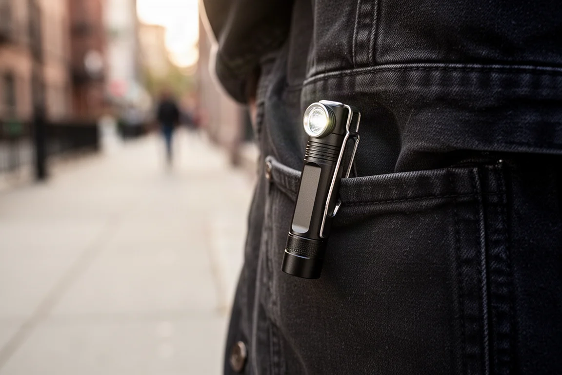 Lampe compacte accrochée au bord d'une poche de veste