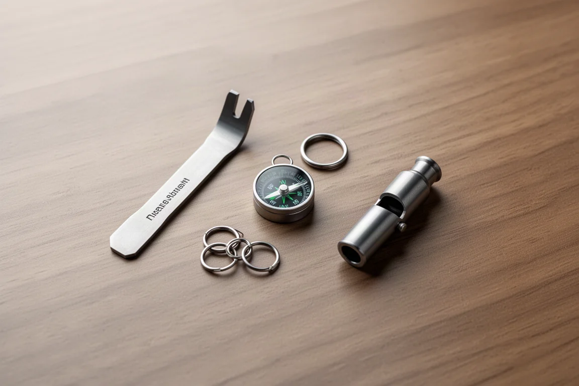 Petit levier en titane et outils EDC posés sur un bureau en bois