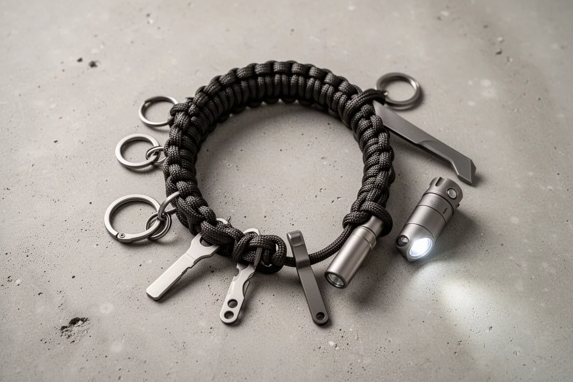 Ensemble de porté quotidien avec outils accrochés, disposé sur une surface en béton