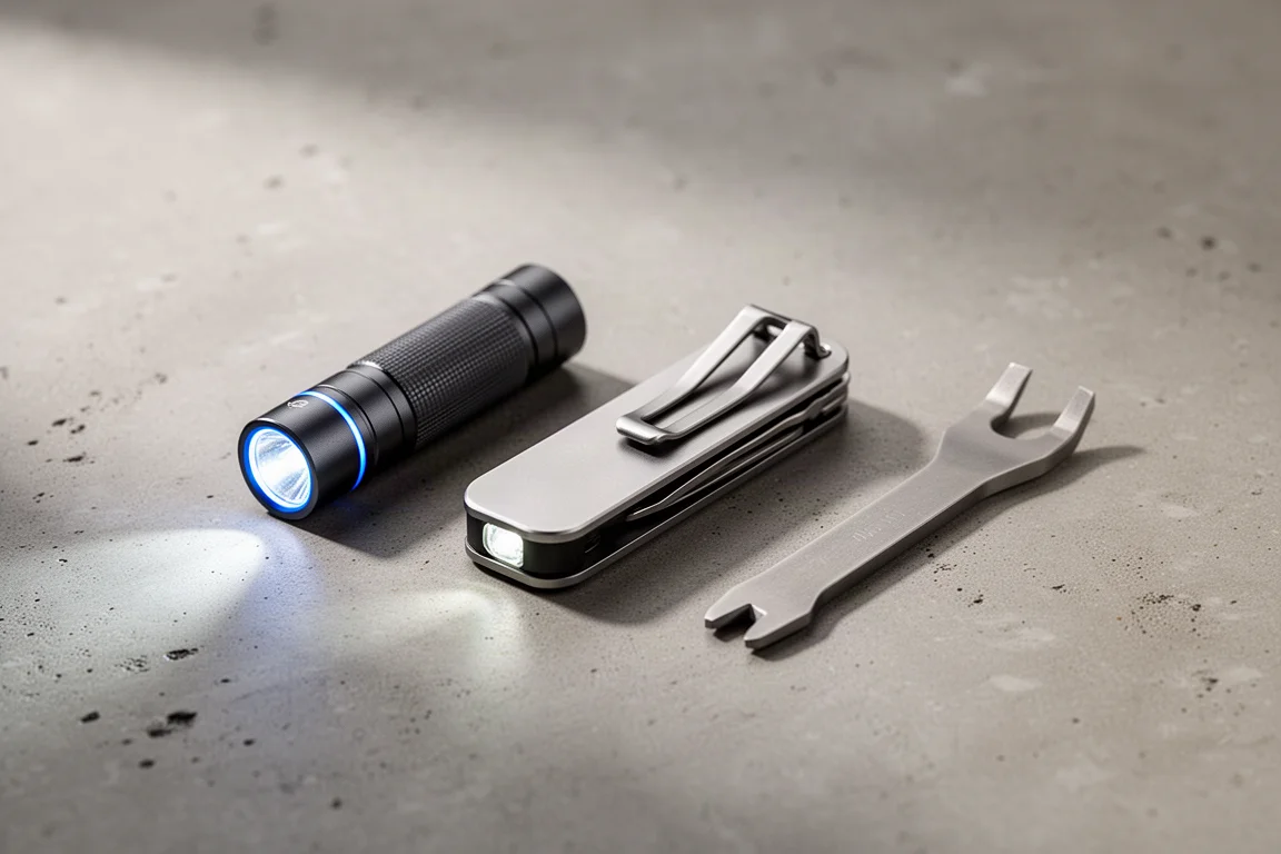 Three compact everyday carry tools on a concrete surface: two pocket flashlights and a titanium pry bar