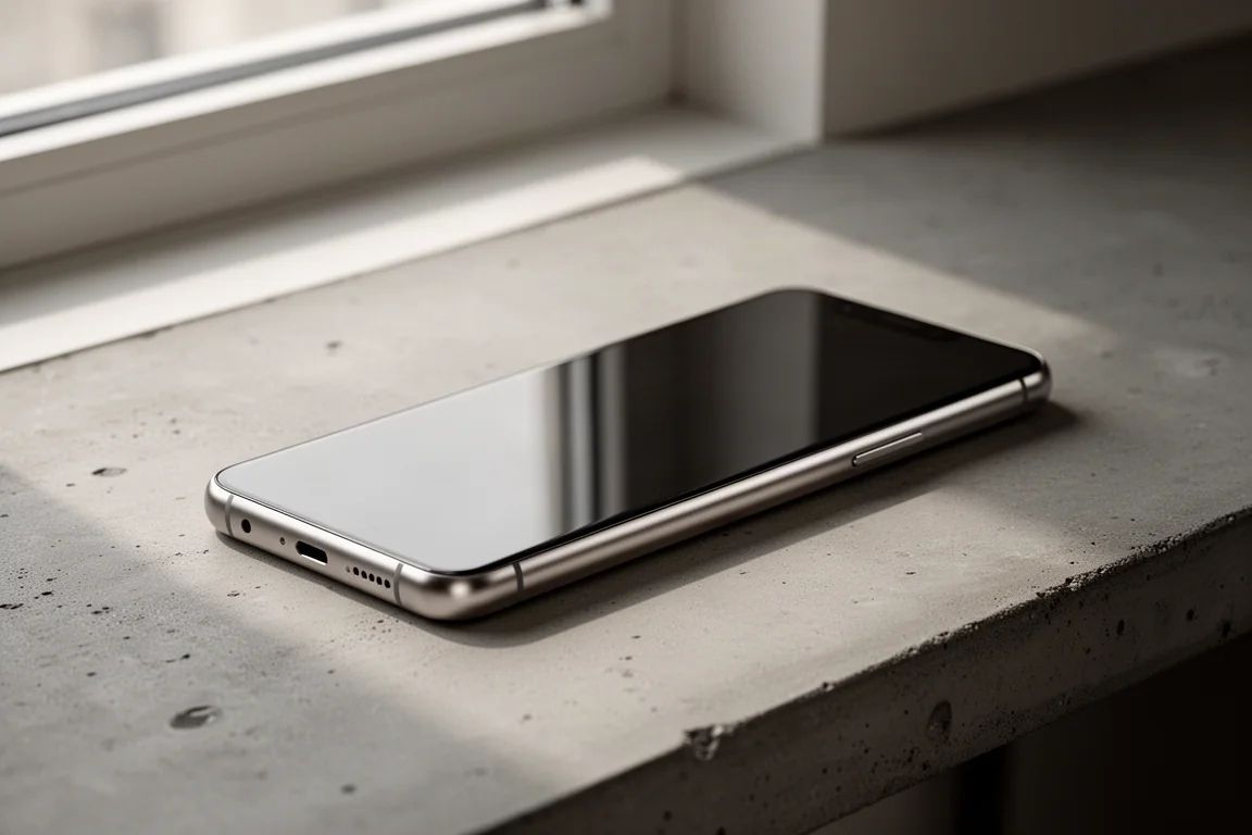 Grand smartphone en titane posé sur un bureau en béton dans une douce lumière de fenêtre