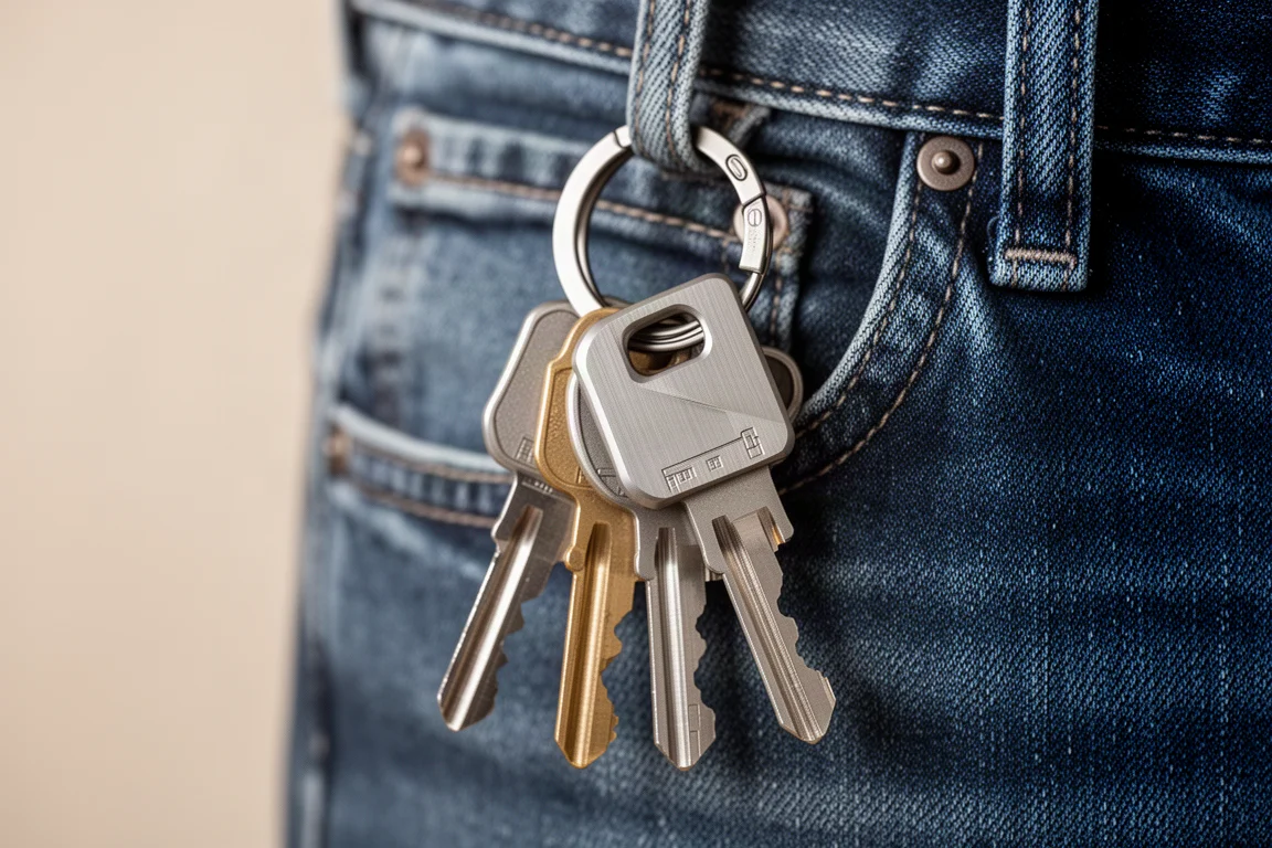 Compact clip à clés en titane tenant trois clés accroché à un passant de ceinture