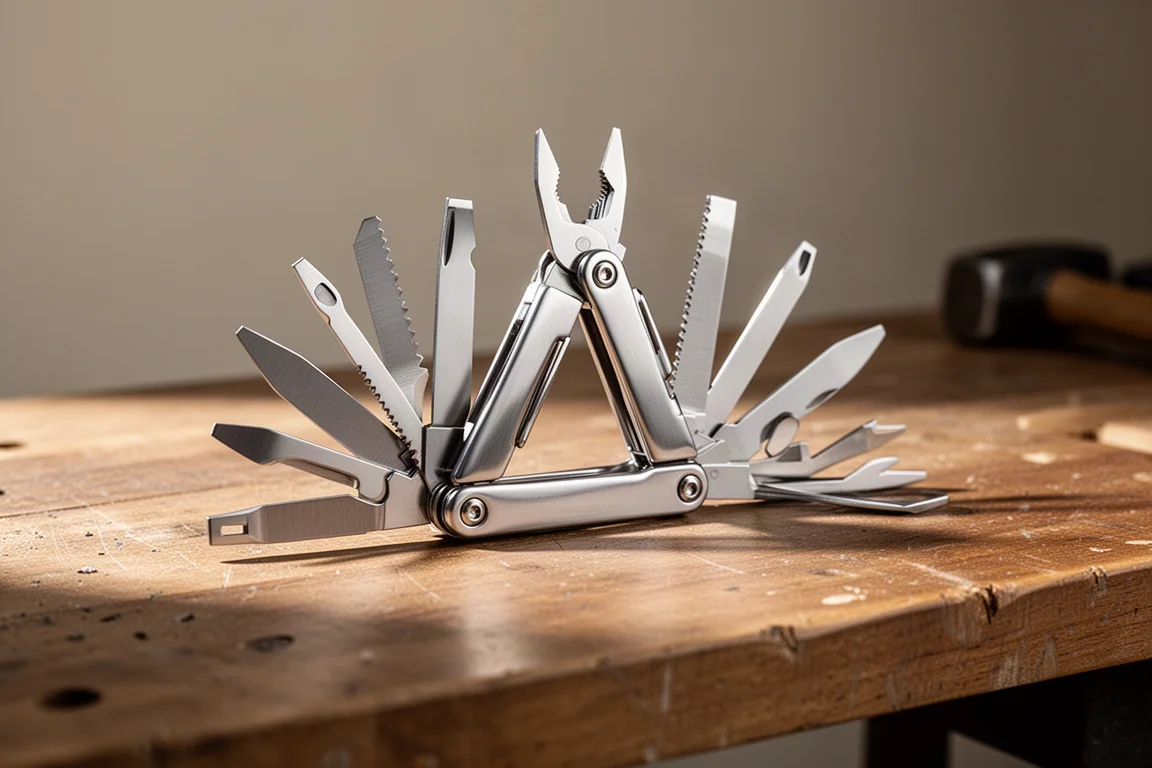 Multi-outils fin en acier inoxydable ouvert sur un établi en bois
