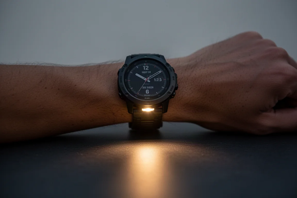 Montre connectée GPS robuste au poignet, projetant de la lumière dans une pièce sombre