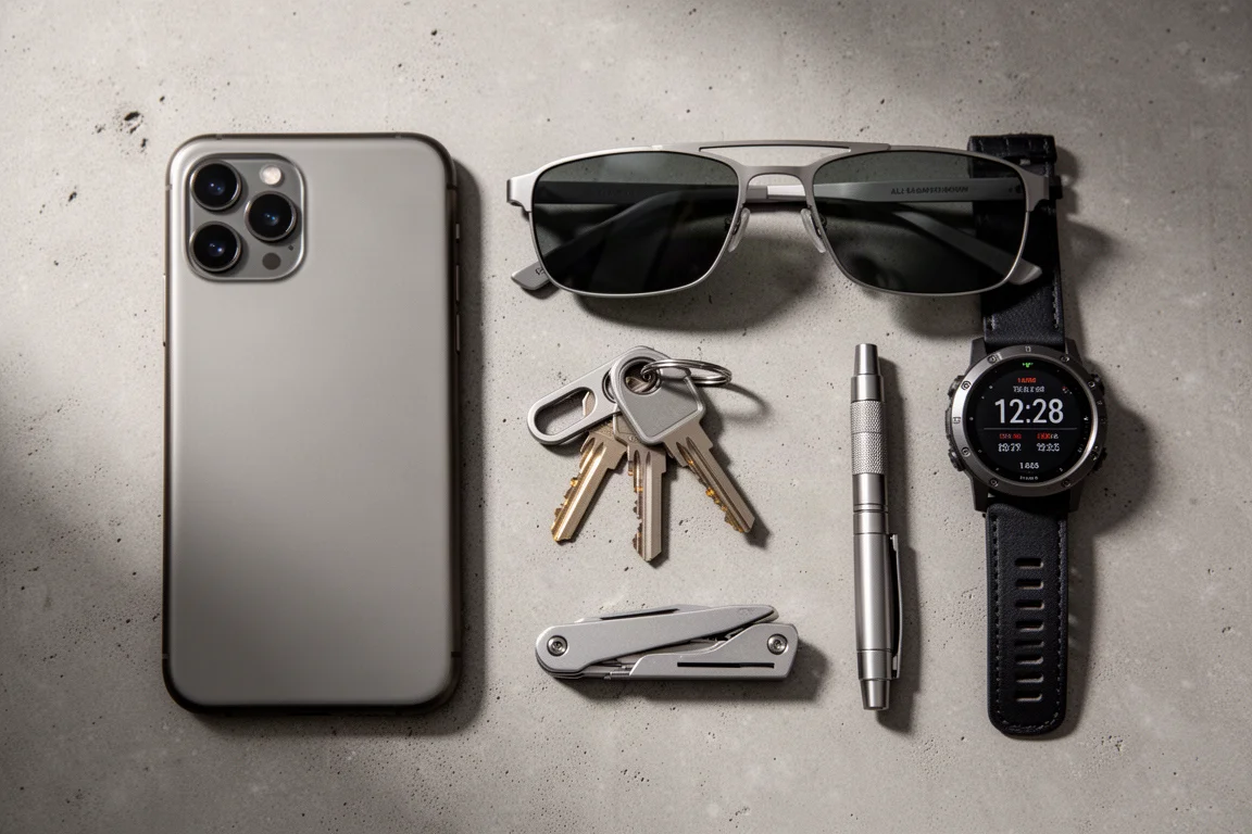 Everyday carry flat-lay with phone, sunglasses, key clip, pen, multi-tool, and smartwatch on concrete