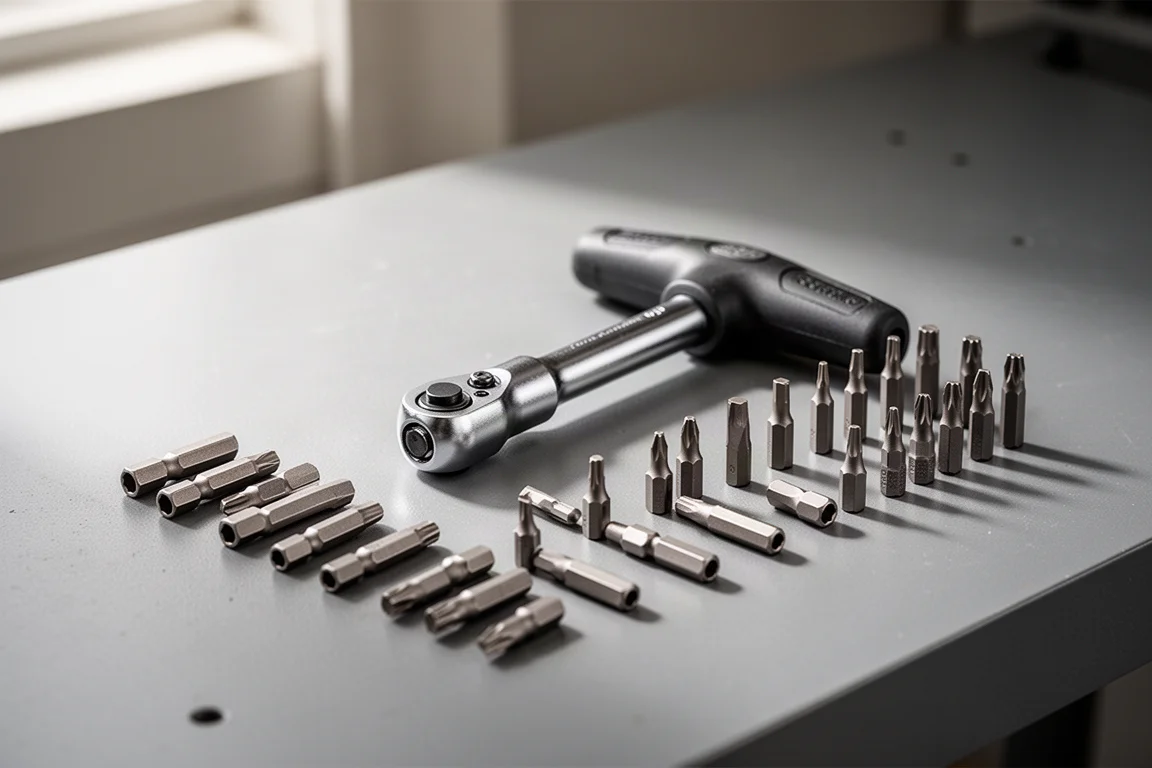 Workbench scene with a ratcheting T-handle driver and a spread of hex and Torx bits