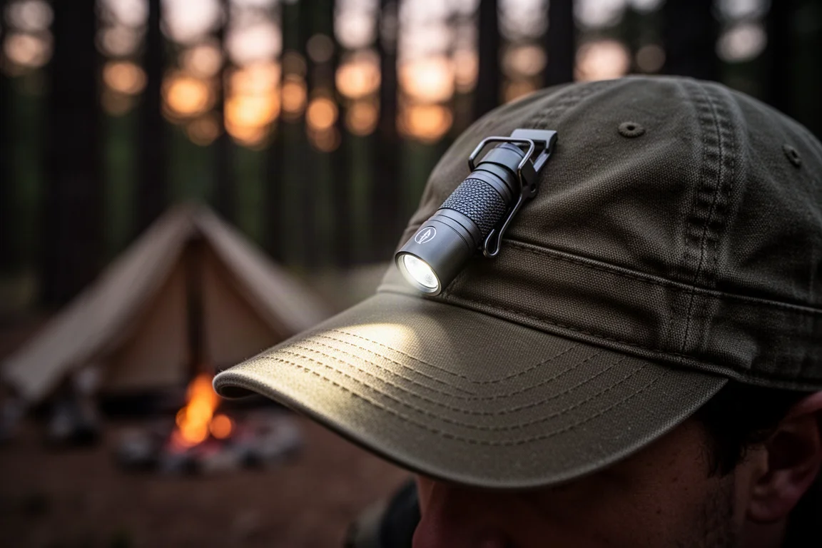 Compact EDC flashlight clipped to a cap brim casting a soft beam at dusk