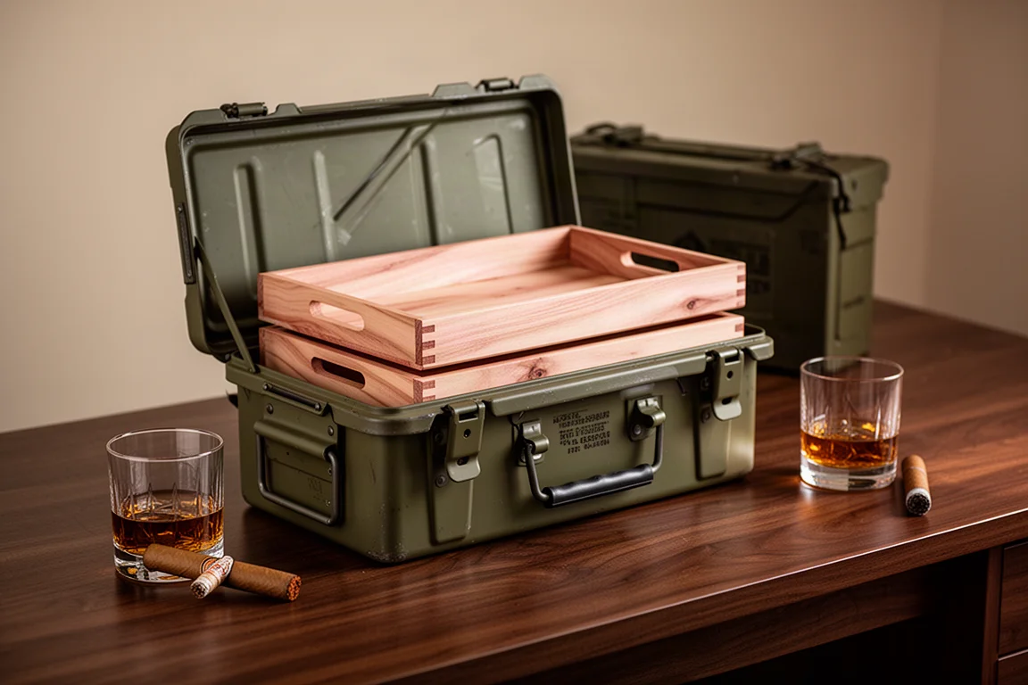 Ammo can humidor with cedar trays and a glass of whiskey beside it
