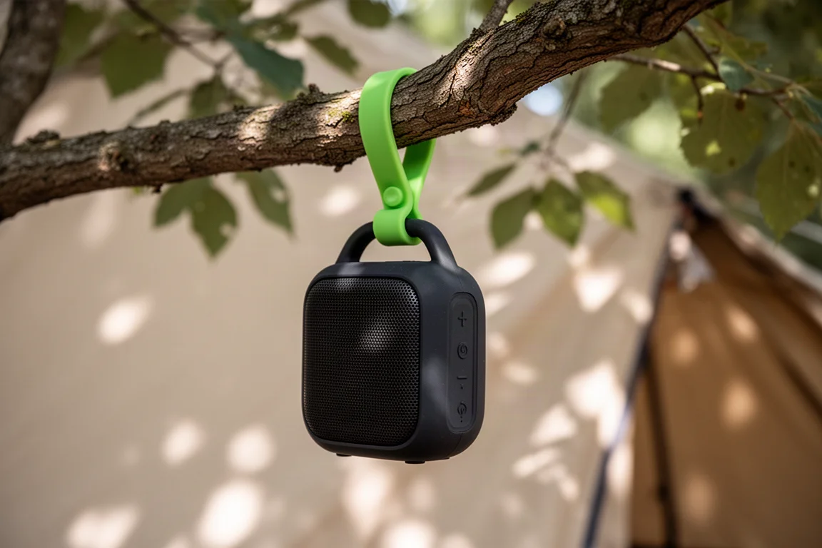 Reusable rubber cinch strap securing a speaker to a tree branch outdoors