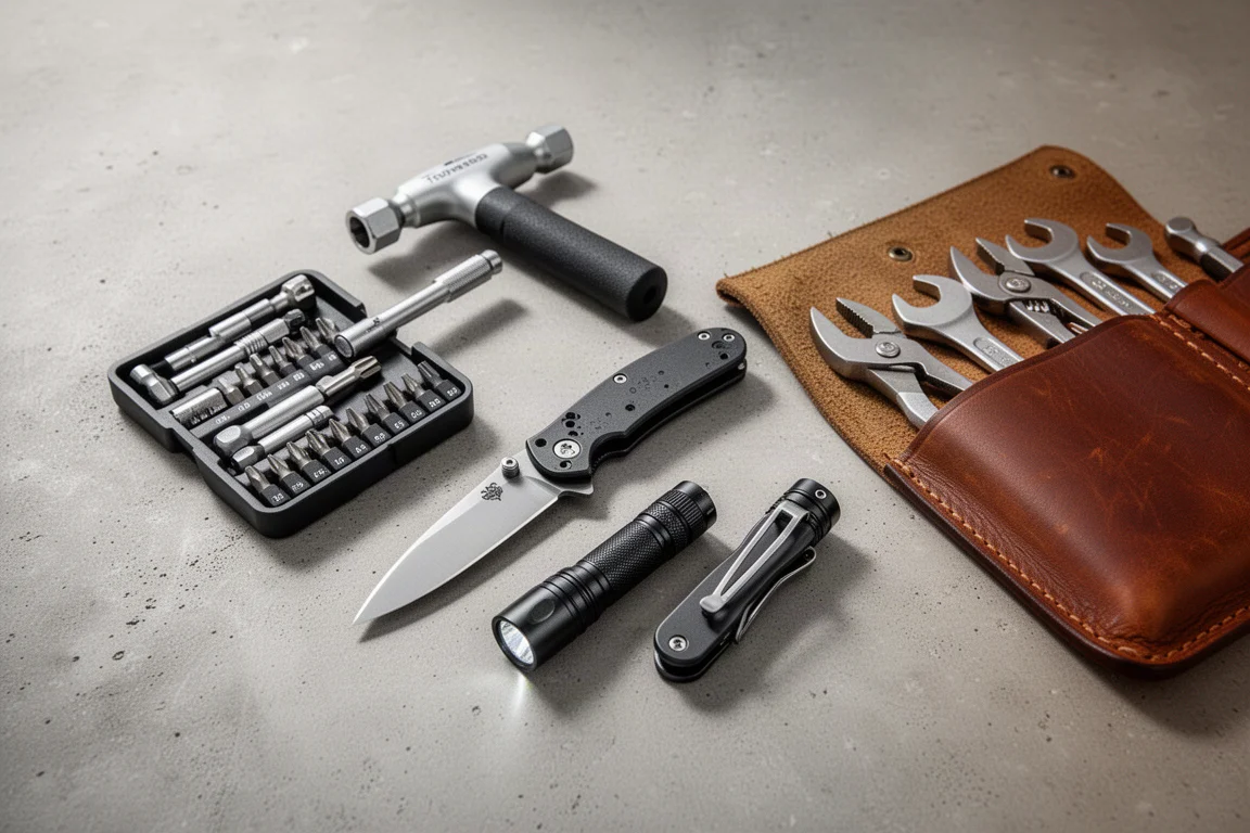 Flat-lay of EDC gifts including a tool set, knife, flashlight, and tool roll on concrete