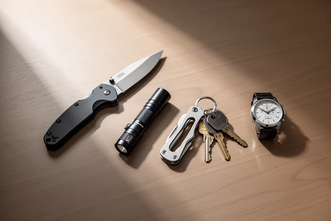 Everyday-carry-spullen op een houten bureau in zacht ochtendlicht