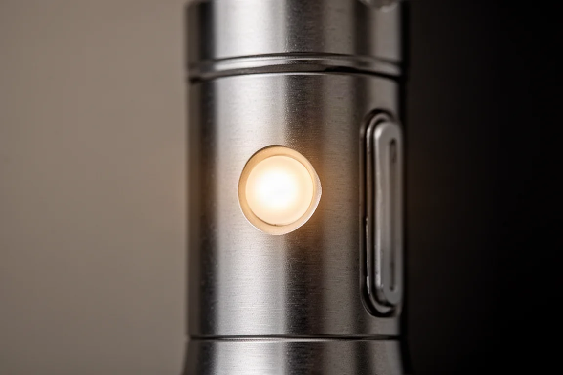 Close-up van de zijkant van een metalen zaklamp met een zacht gloeiend LED-zijlicht