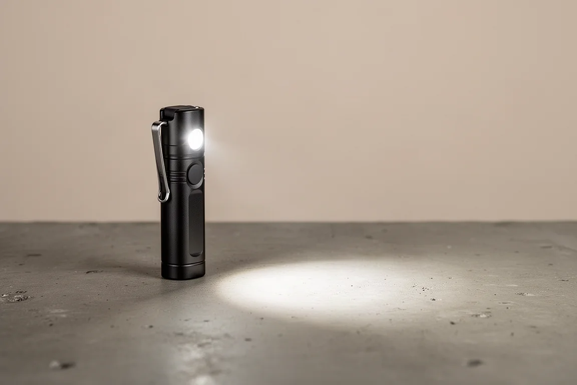 Eenvoudige zaklamp rechtop vastgehouden, met een strakke lichtbundel over een bureau