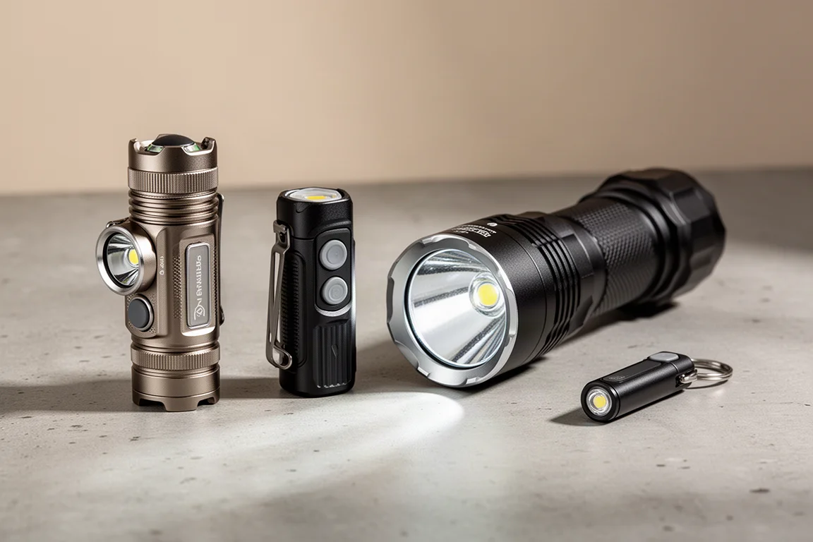 Four everyday carry flashlights of different sizes arranged on a concrete surface