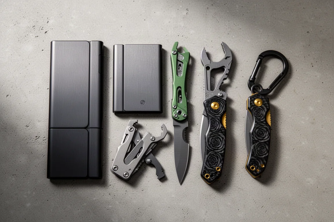 Sei oggetti everyday carry tra portafogli, attrezzi, un coltello e un moschettone disposti sul cemento